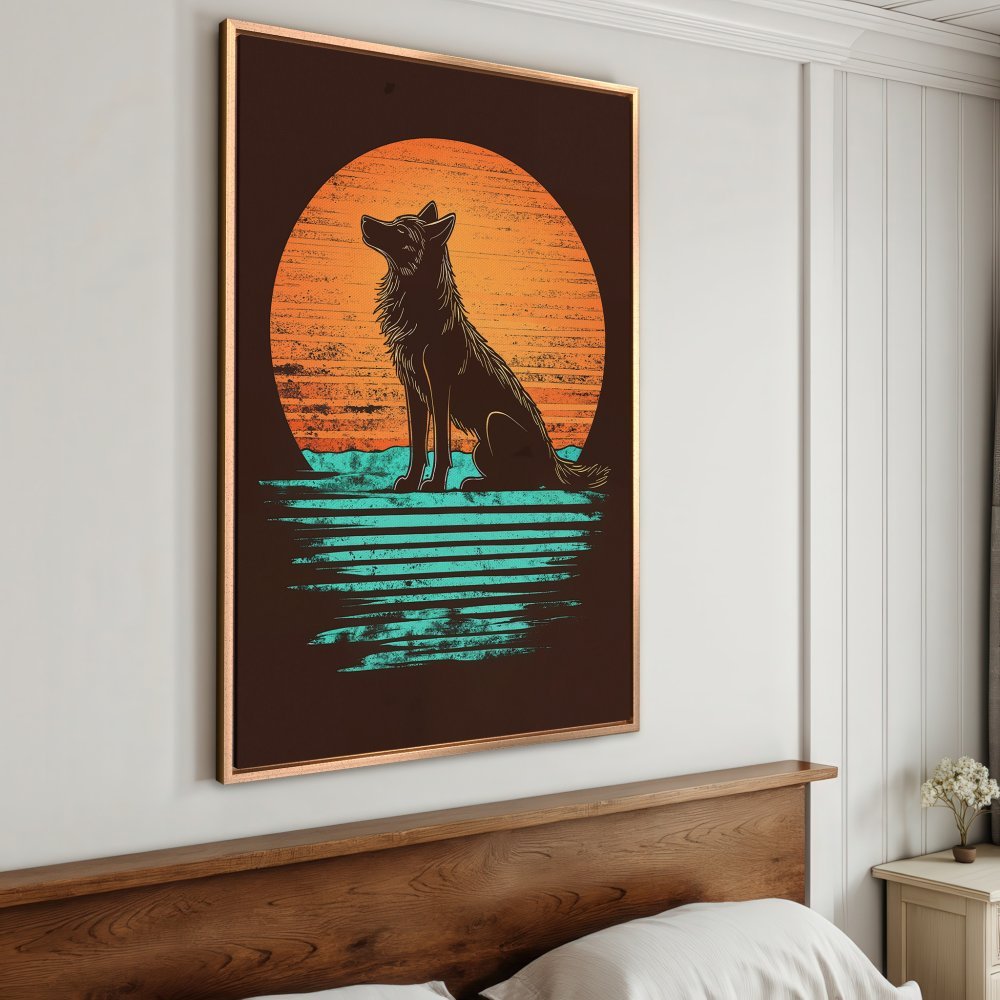 Framed Wall Art featuring a wolf silhouette against a sunset. Earthy tones of brown, orange, and teal. Perfect for rustic decor.