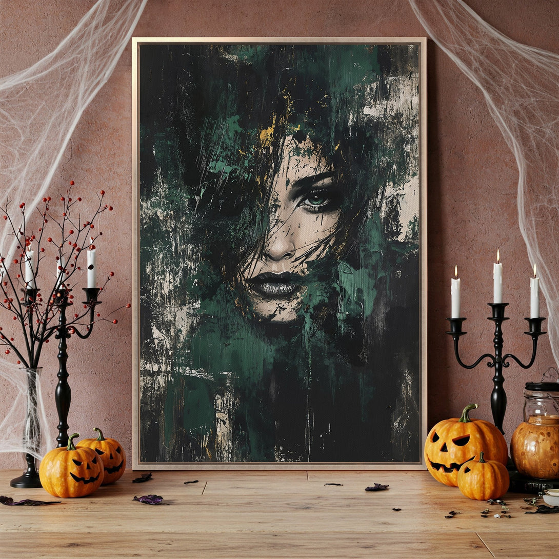 Framed Wall Art featuring a majestic deer amidst autumn leaves. Warm color palette of browns, greens, and oranges, perfect for fall decor.