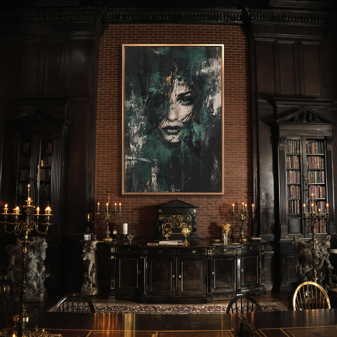 Framed Wall Art: Majestic deer canvas print in a dark, moody interior. Features a warm, autumnal color palette of browns, greens, and oranges. Perfect for any home.