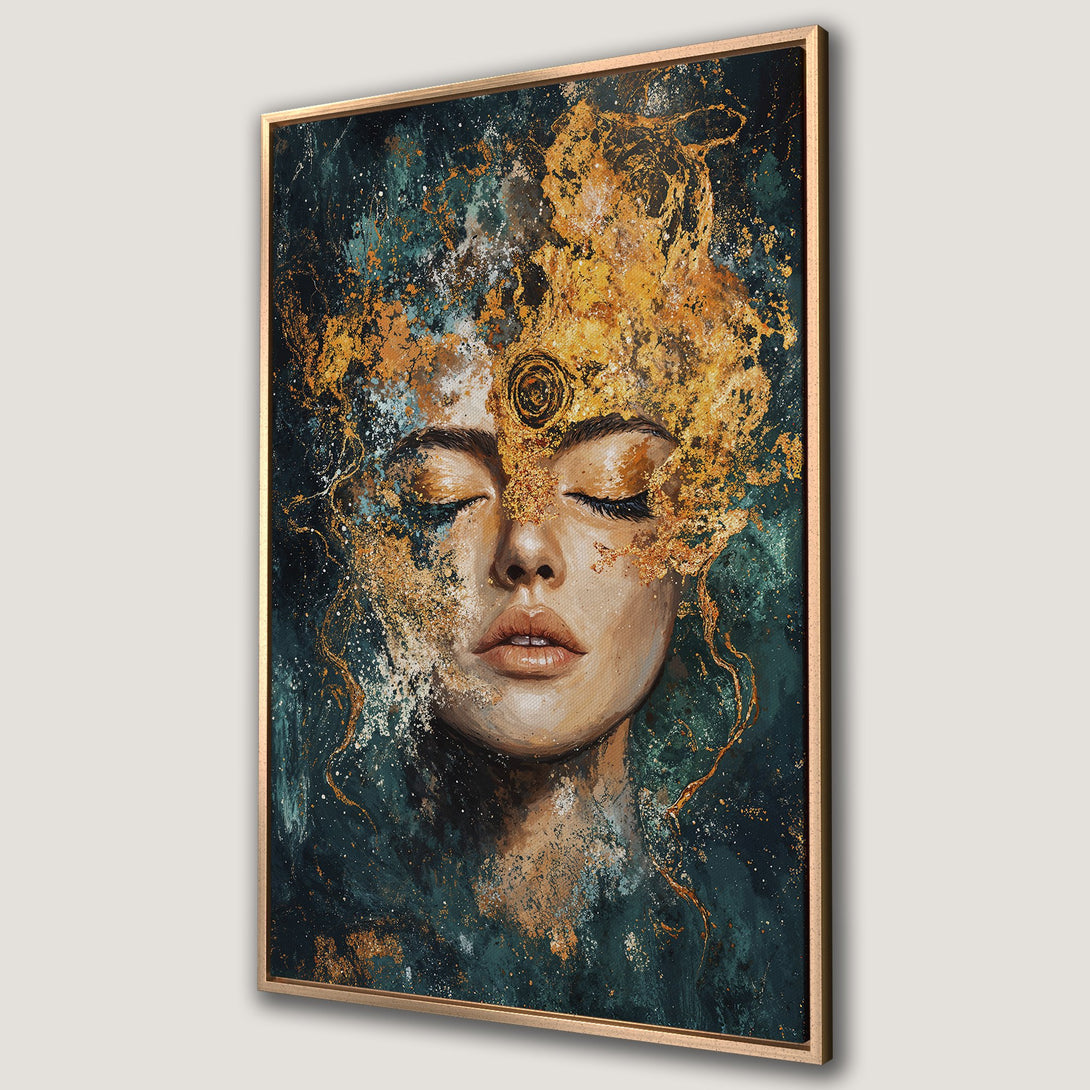 Framed Wall Art: Abstract portrait of a woman with gold accents on a teal and gold canvas. Modern, elegant decor for your home.