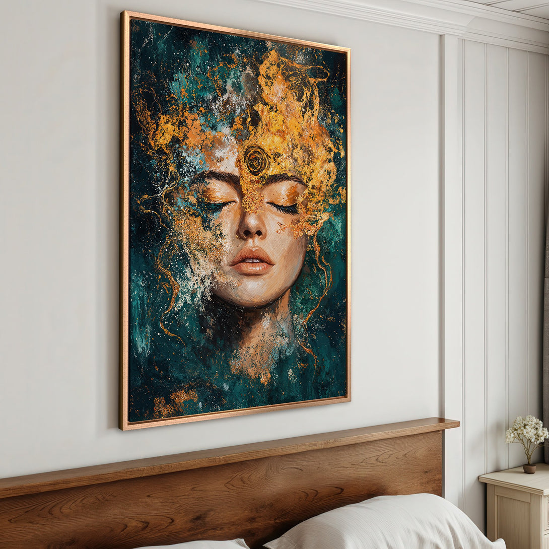 Framed Wall Art: Abstract portrait with teal, gold, and bronze tones. Modern art canvas print of a woman's face, perfect for bedroom decor.