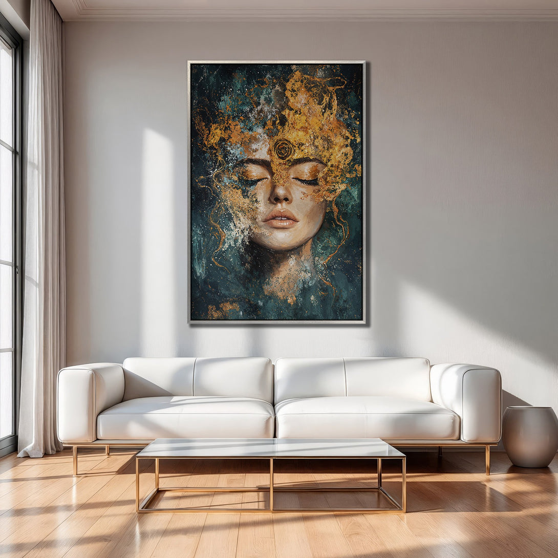 Framed Wall Art featuring an abstract portrait in teal and gold. Modern art canvas print adds a touch of elegance to any interior.