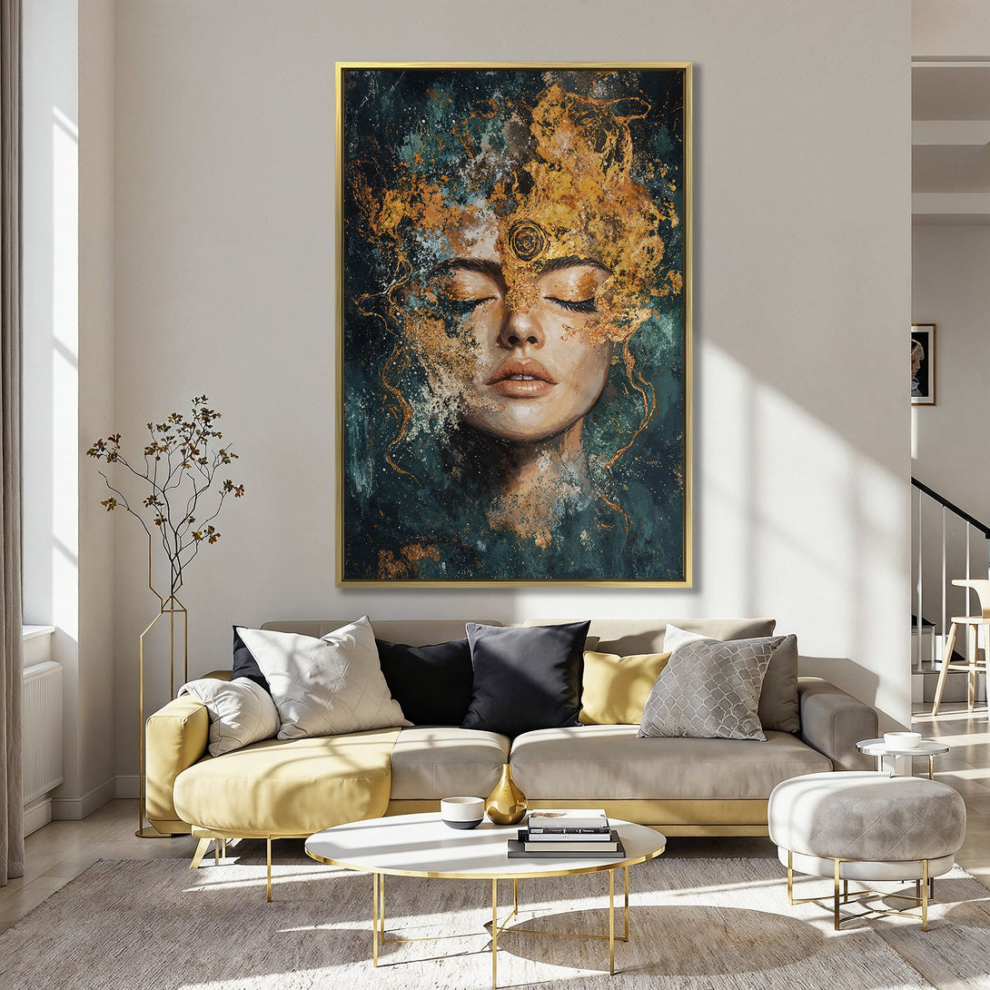 Canvas Print of a woman's face with closed eyes, abstract style, teal and gold color palette, displayed in a kitchen.