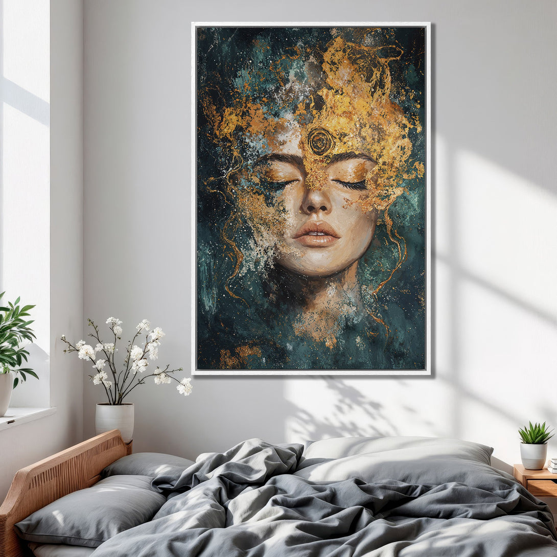 Framed Wall Art: Abstract portrait with gold accents and teal/green tones. Modern art canvas print for bedroom decor.