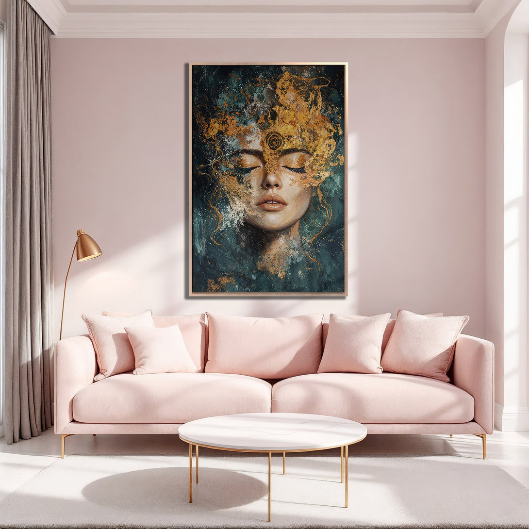 Framed Wall Art: Abstract woman portrait in teal & gold tones. Modern art canvas print adds elegance to a pink living room. Shop now!