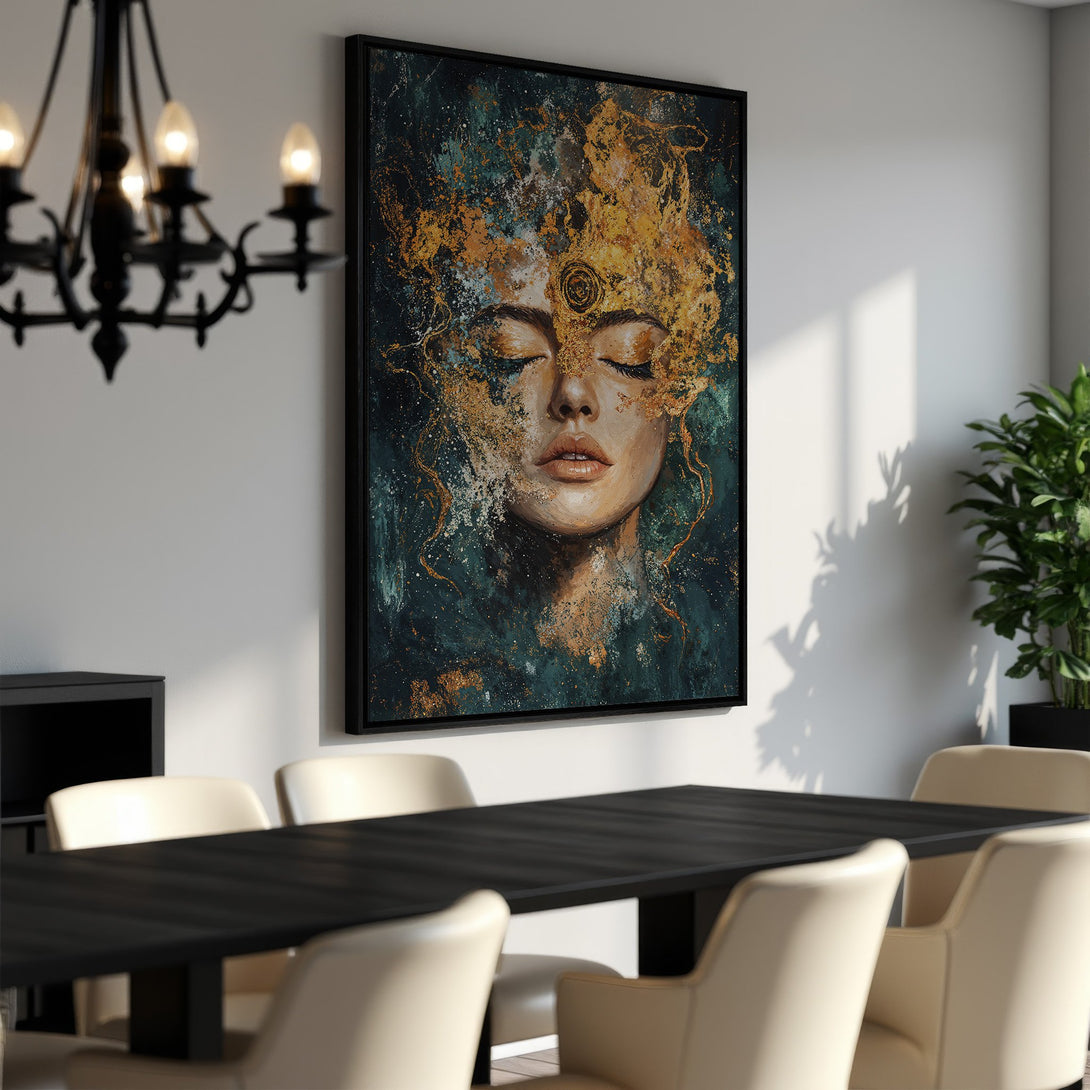Framed Wall Art featuring a woman's face in an abstract style, with a teal and gold color palette. Perfect for adding elegance to your dining room!
