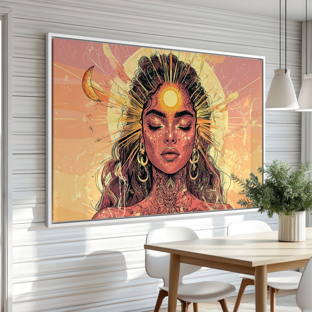Canvas Print: Spiritual woman art in warm orange tones. Boho style wall decor perfect for a living room or bedroom.