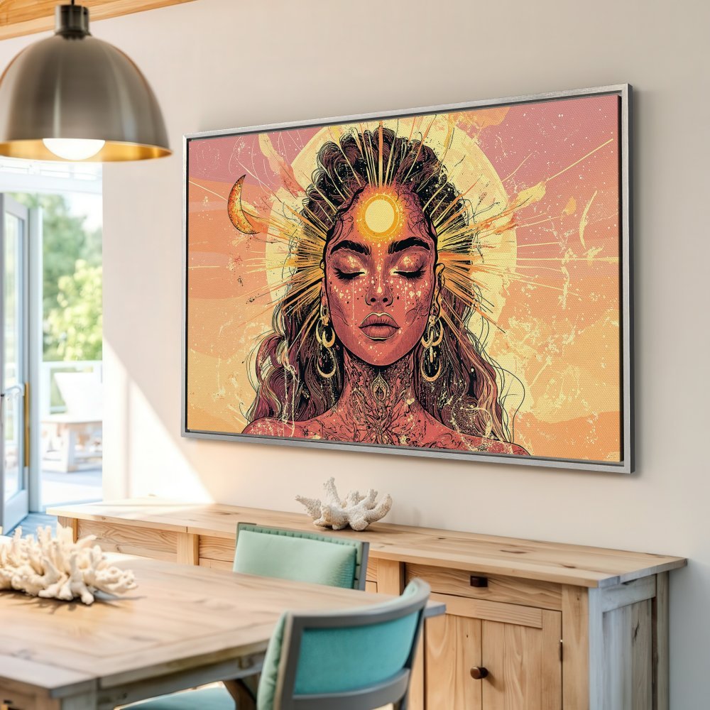 Framed Wall Art: Bohemian woman portrait in warm orange and pink hues. Modern canvas print for a stylish interior.