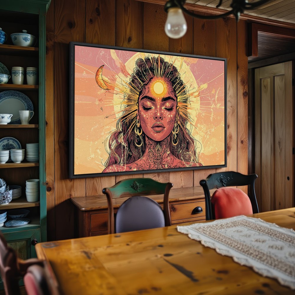 Framed Wall Art: Boho-style woman with sun halo, warm orange & pink palette. Perfect for adding a touch of spiritual art to your home.