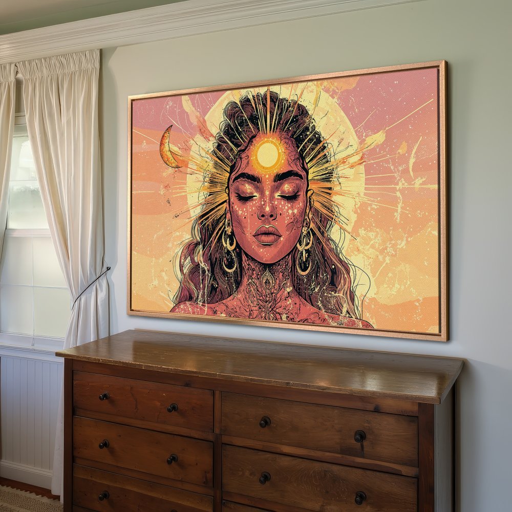 Framed Wall Art featuring a spiritual woman with closed eyes, warm orange and pink color palette, perfect for adding zen to your home.