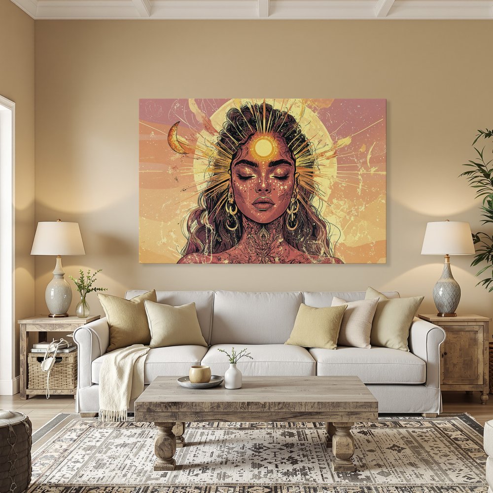 Framed Wall Art: Stunning spiritual woman portrait in warm sunset tones. Boho style Canvas Print adds artistic flair to any space. Shop now!