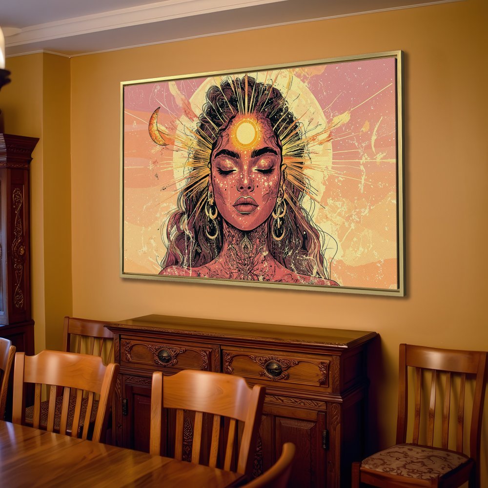 Canvas Print of a woman with closed eyes, bohemian style, warm orange and pink tones. Perfect wall art for your home!