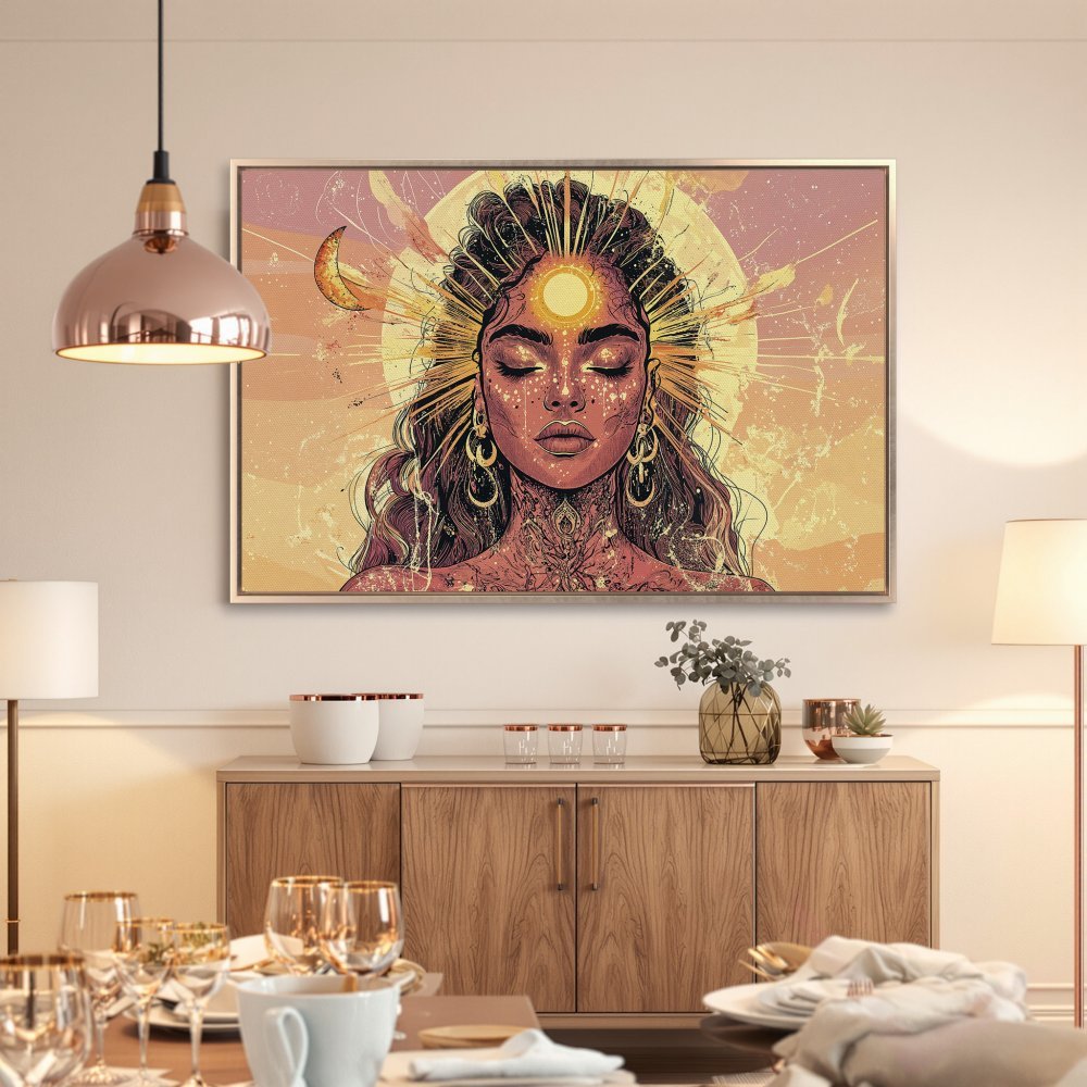 Framed Wall Art: Mystical woman portrait in warm yellow and pink tones. Boho style canvas print perfect for home decor.