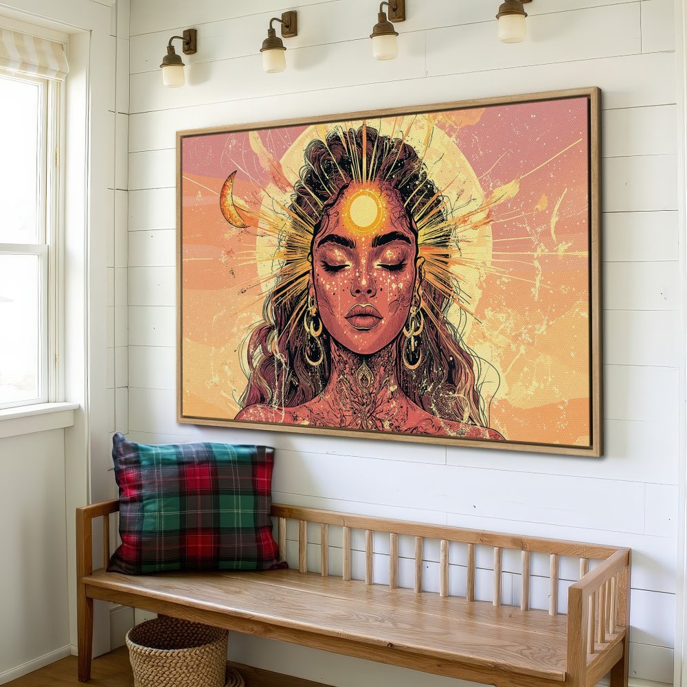 Framed Wall Art: Spiritual woman illustration in warm orange and pink tones. Boho style canvas print for your home.