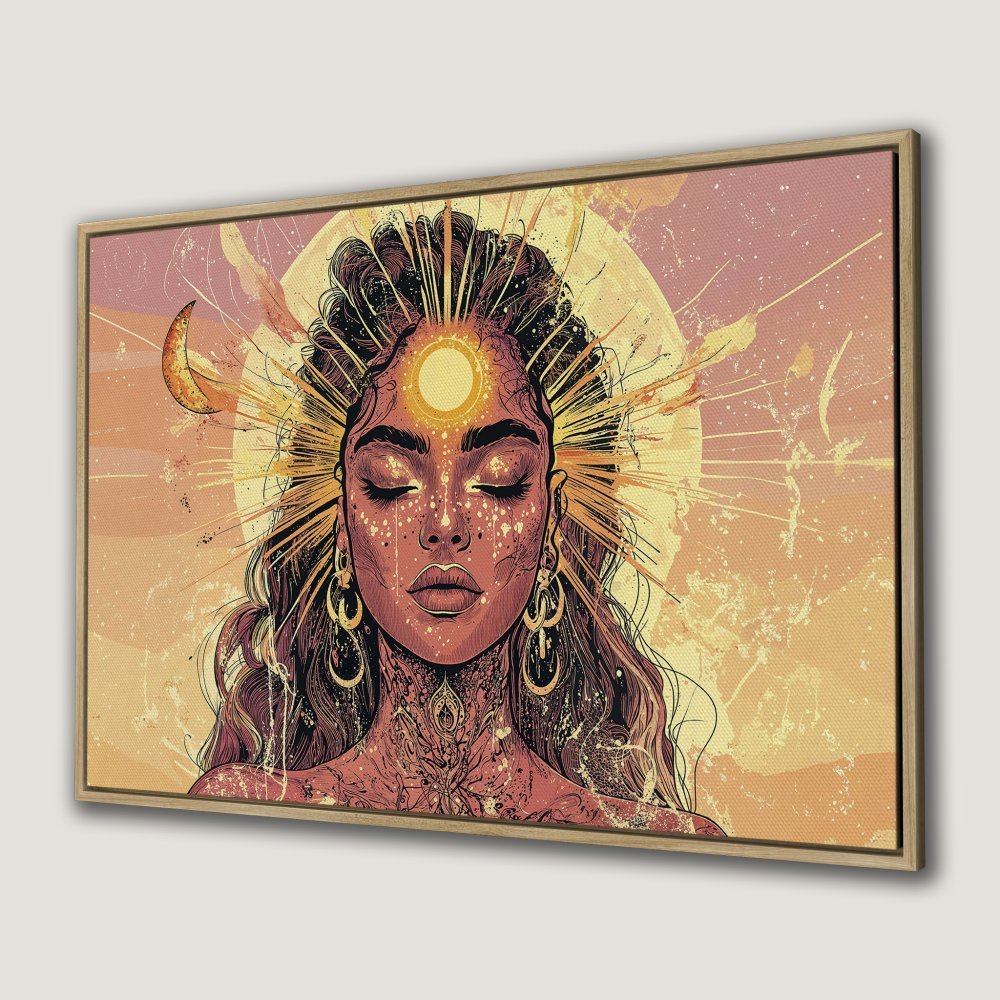 Canvas Print of a woman with closed eyes, vibrant illustration in warm orange and gold tones. Boho wall art.