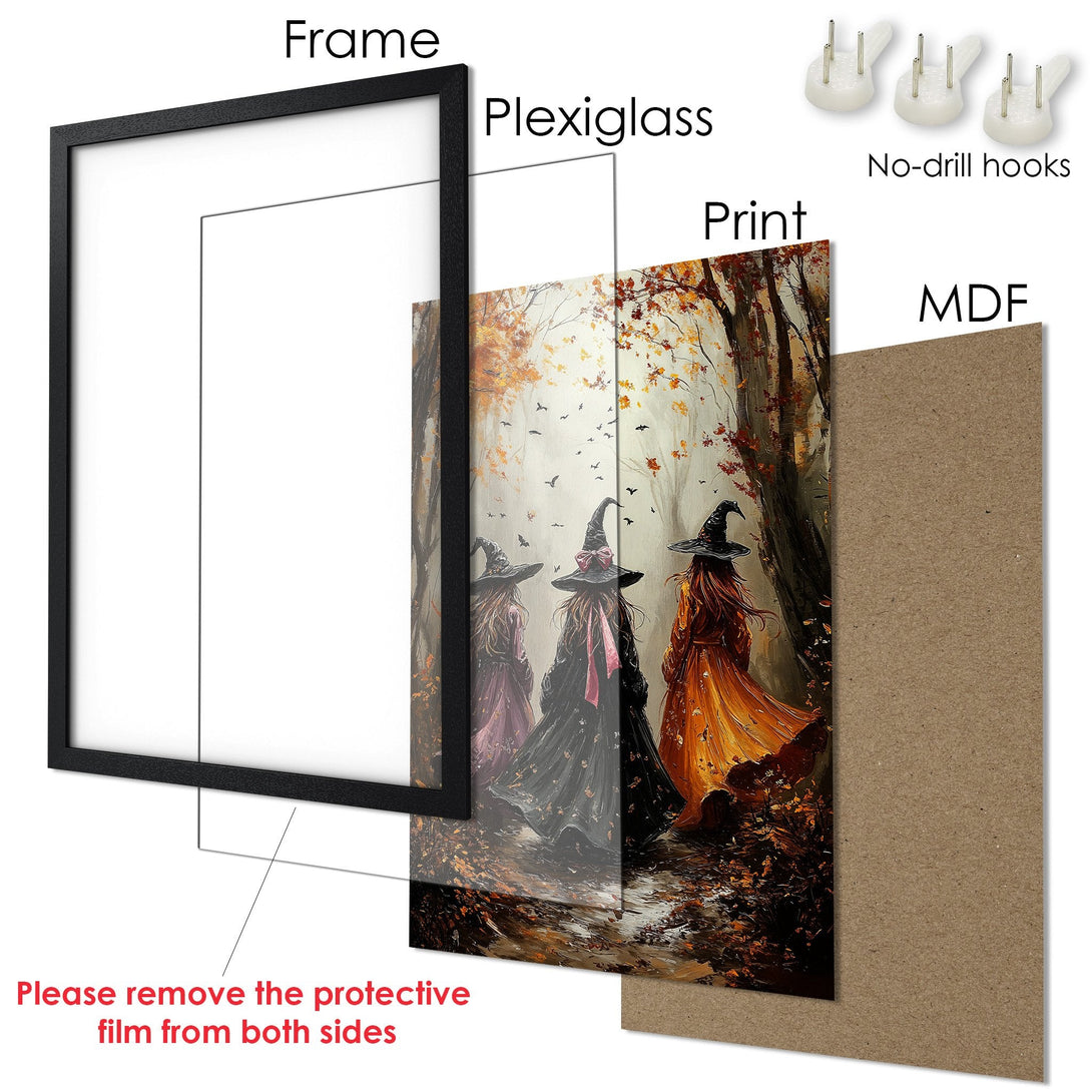 Framed Poster featuring witches in an autumn forest, painted in a whimsical style with warm orange and brown tones. Perfect Halloween decor!