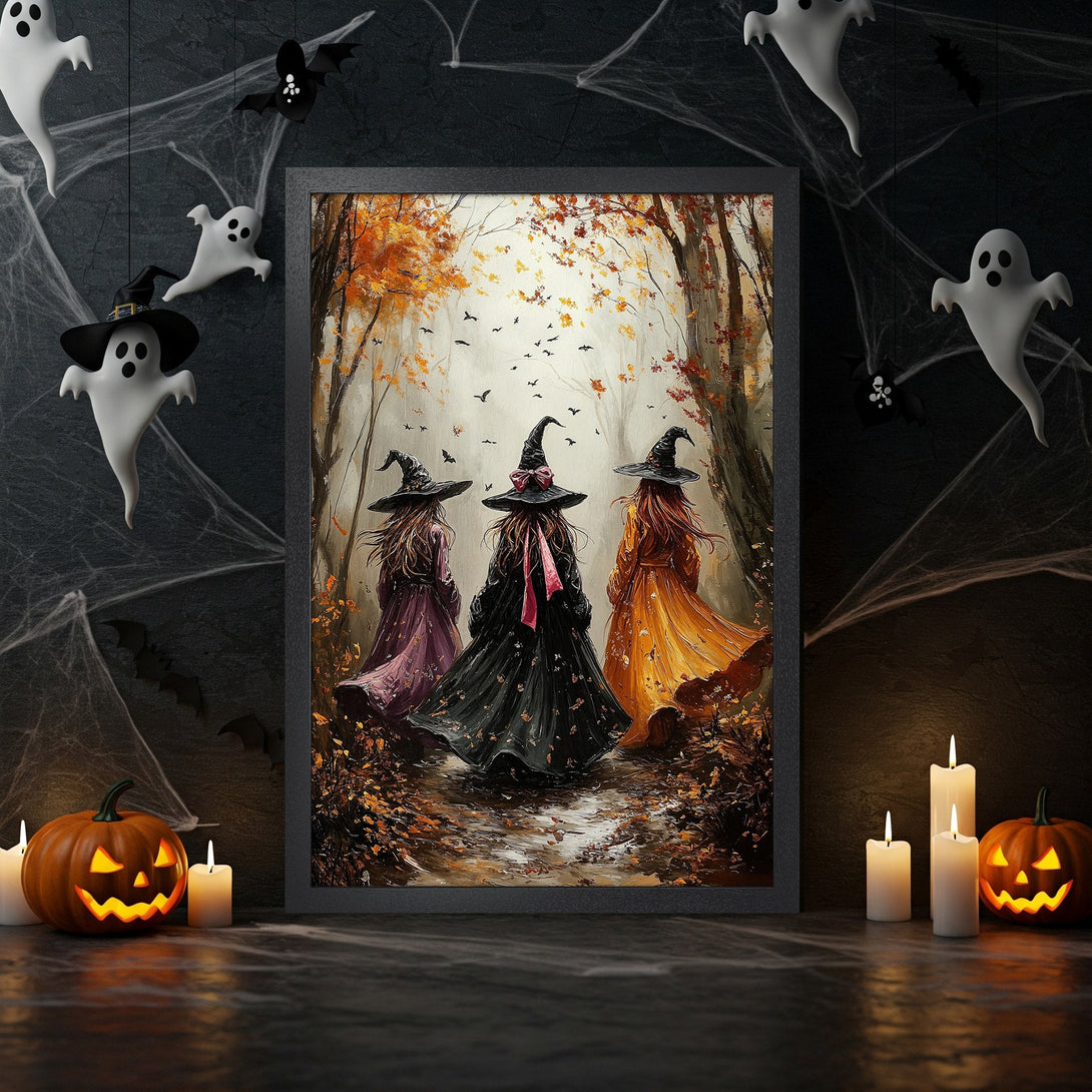 Framed Poster featuring witches in an autumn forest, with a warm, autumnal color palette. Perfect Halloween decor!