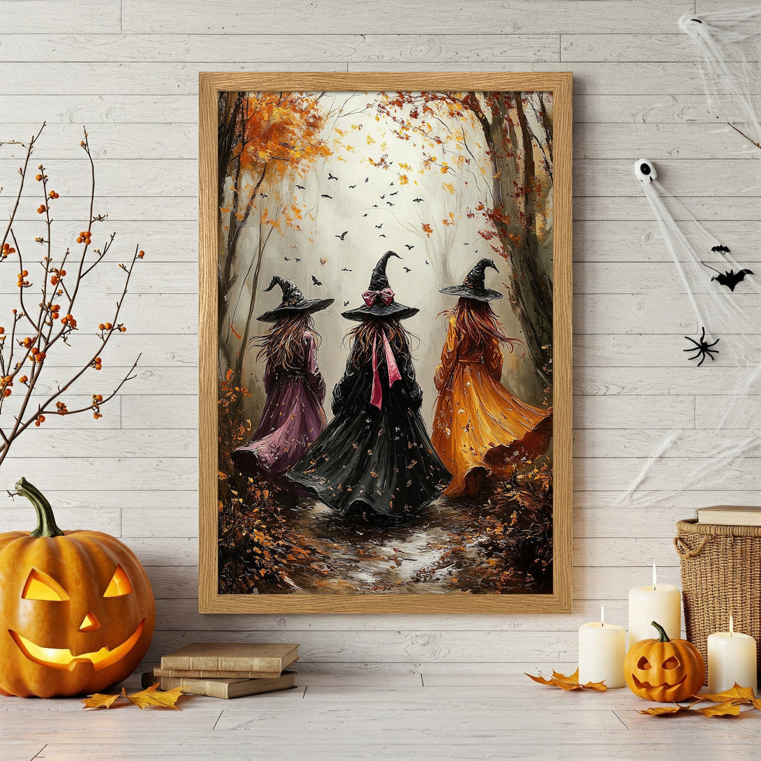 Framed Poster: Three witches walking in autumn forest. Artistic style, warm color palette. Perfect Halloween decor.