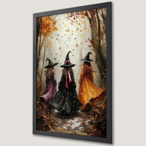 Framed Poster featuring three witches in a forest, autumn tones, impressionist style. Perfect Halloween decor!