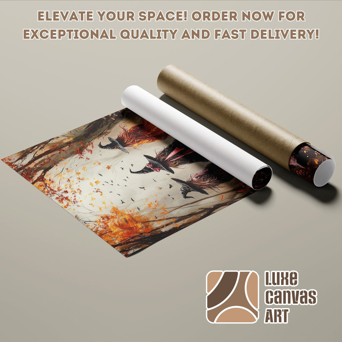 Poster Roll featuring a witchy art print with autumn colors. Elevate your space with this stunning poster!