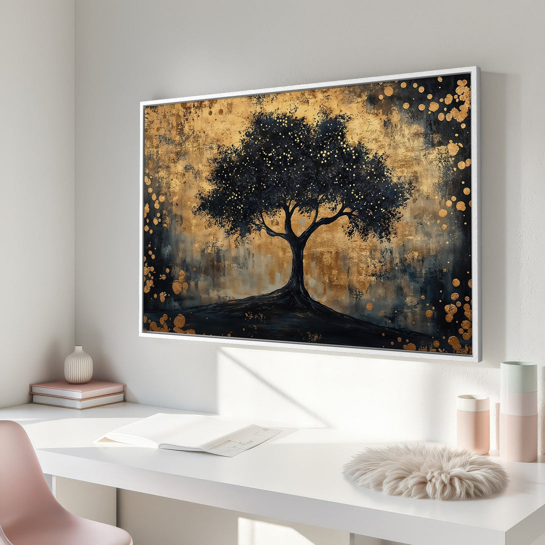 Framed Wall Art: Abstract tree painting in gold and navy. Modern canvas print adds elegance to any space. Shop now for stunning wall decor!