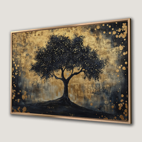 Framed Wall Art: Abstract tree painting in black and gold. Modern canvas print with textured finish, perfect for adding a touch of elegance.