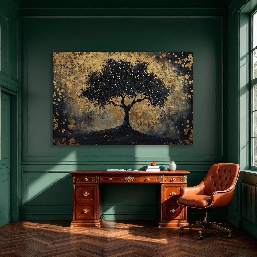 Framed Wall Art featuring a tree in gold and navy tones. Abstract style Canvas Print adds elegance to dining room decor.