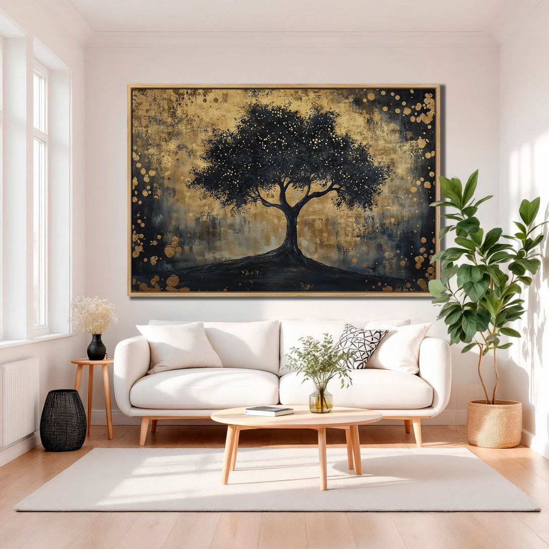 Framed Wall Art: Abstract tree art in gold and black. Modern canvas print adds a touch of elegance to any room. Shop now!