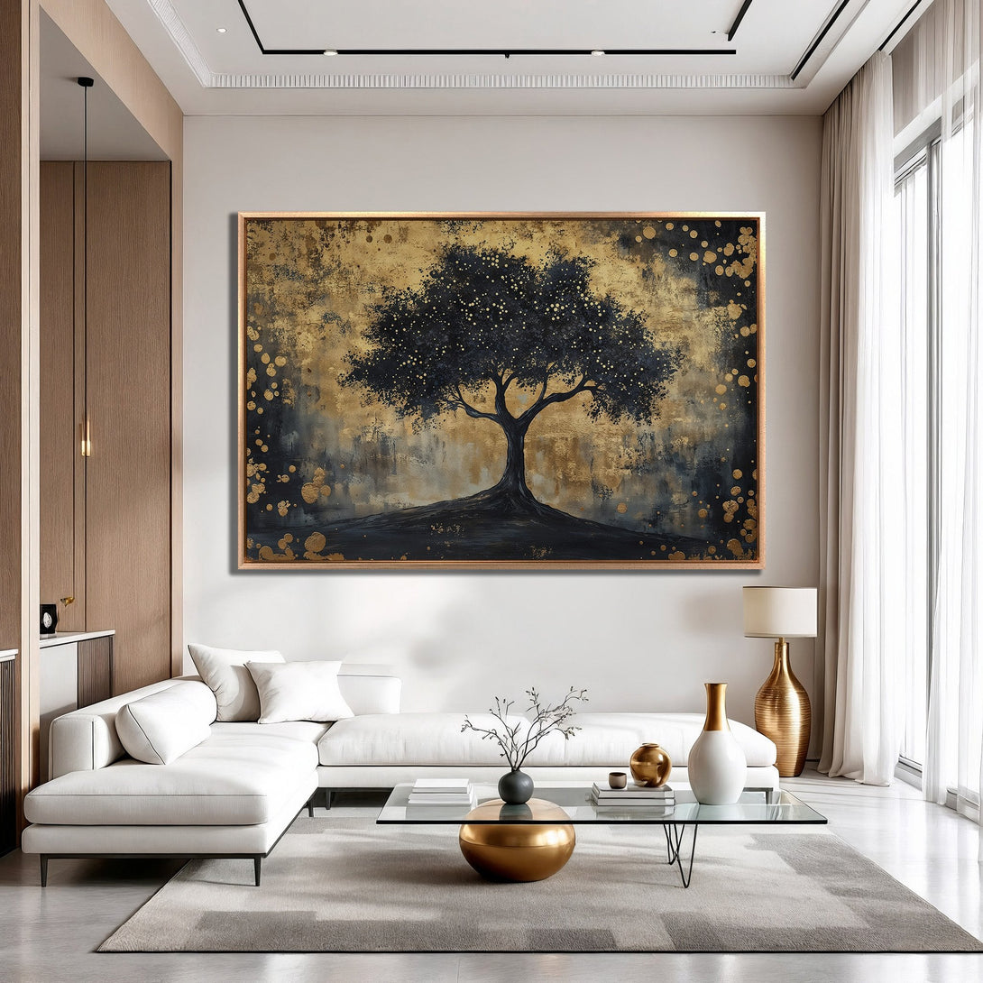 Framed Wall Art: Abstract tree art in gold and navy blue. Modern style canvas print adds elegance to any living room.