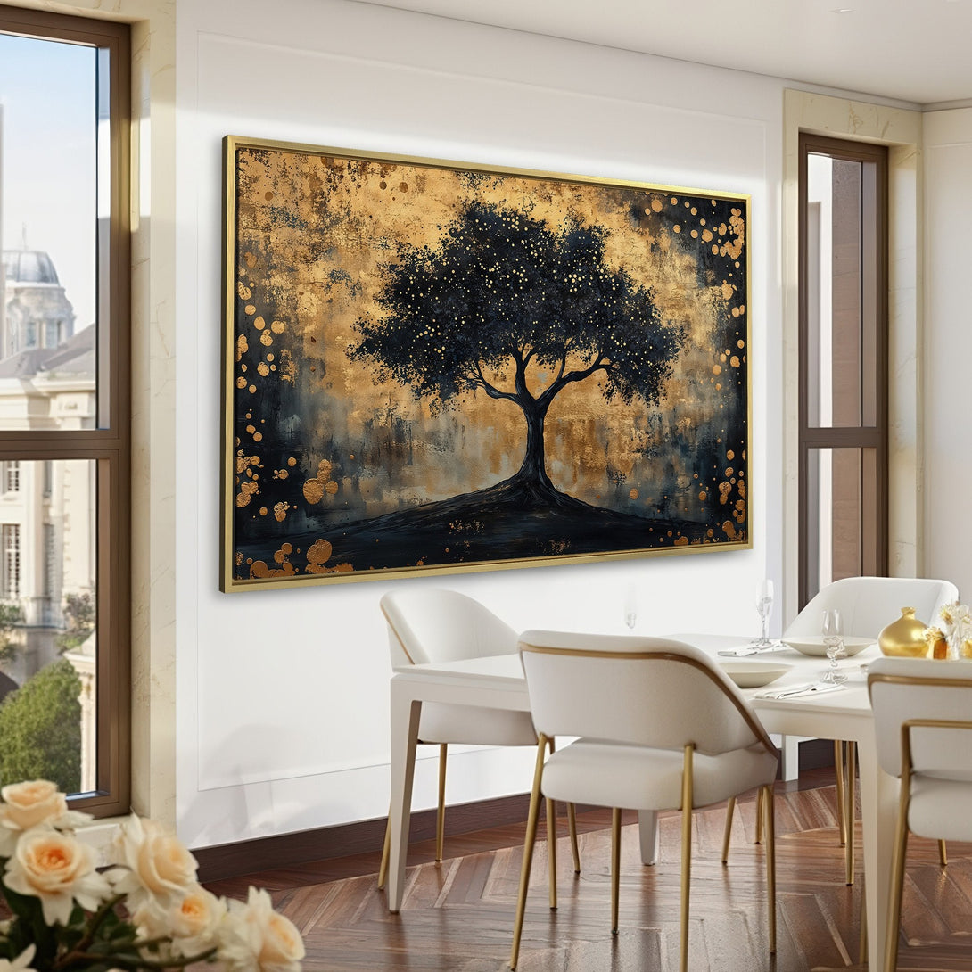 Canvas Print featuring a black and gold abstract tree art piece, displayed in a luxurious interior with a green and brown color palette.