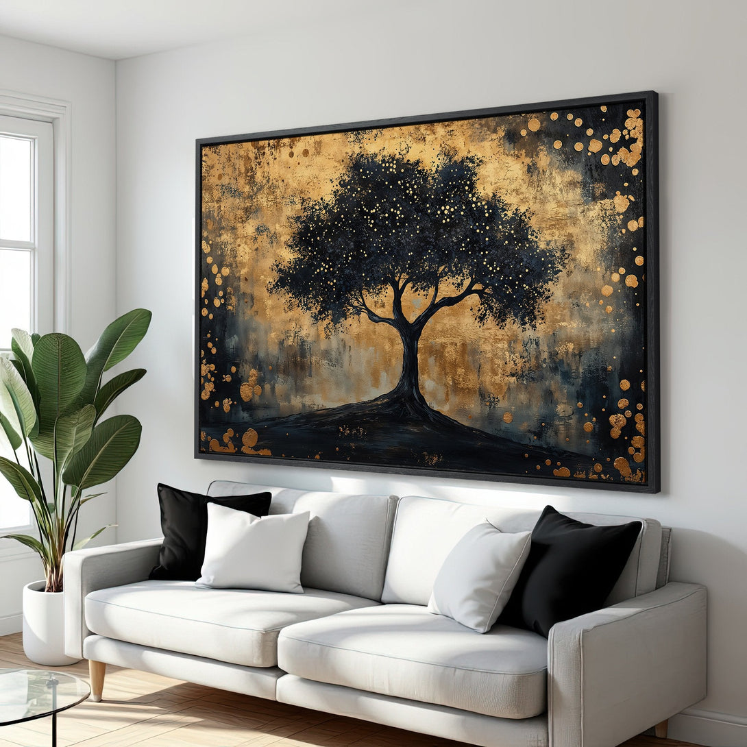 Framed Wall Art featuring an abstract tree in gold and black. Modern art canvas print perfect for living room decor.