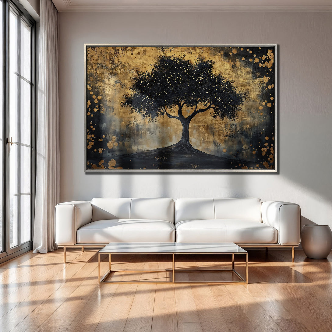 Framed Wall Art featuring an abstract tree in black and gold, adding a touch of elegance to any living room.