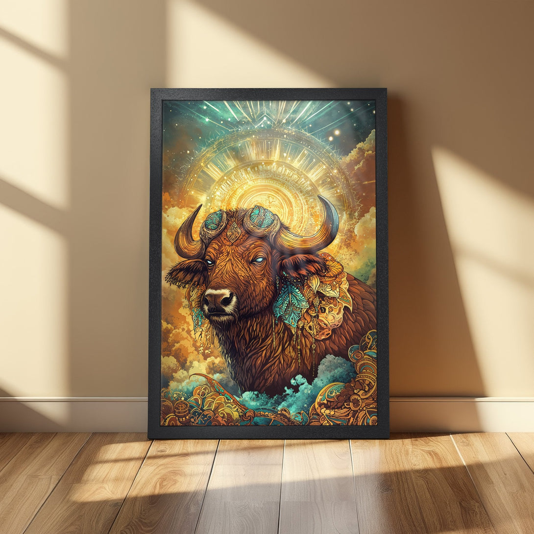 Framed Poster featuring a detailed bull illustration in a vibrant, fantasy style with warm gold, brown, and teal tones.