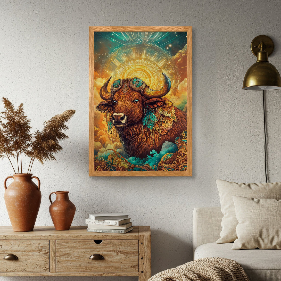 Framed Poster featuring a mystical bull illustration. Warm color palette with teal accents. Perfect wall art for a unique home decor style.