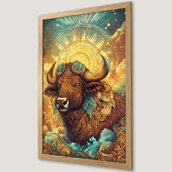 Framed Poster featuring a mystical bull illustration in a vibrant, warm color palette. Perfect wall art for a unique, artistic touch.