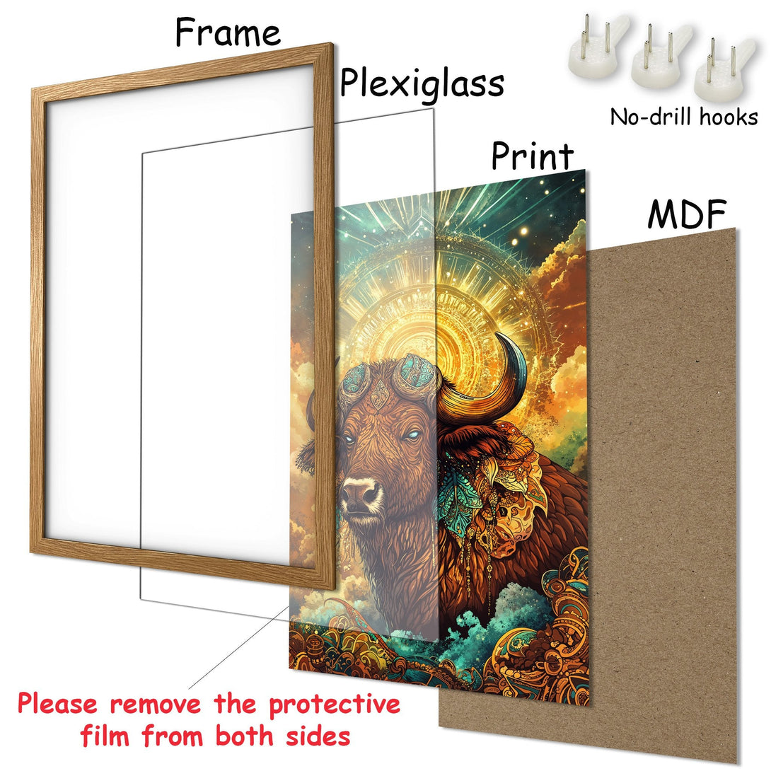 Framed Poster featuring a mystical bull illustration in warm earth tones with teal accents. Perfect wall art for your home!