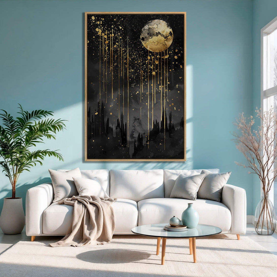 Framed Wall Art featuring a celestial abstract design in black and gold, adding a touch of luxury to any space. Modern art with a striking color palette.