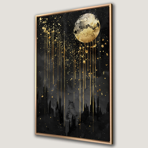 Framed Wall Art: Abstract moon and gold splash art on black canvas. Modern, elegant design with a gold and black color palette. Perfect for a stylish interior.