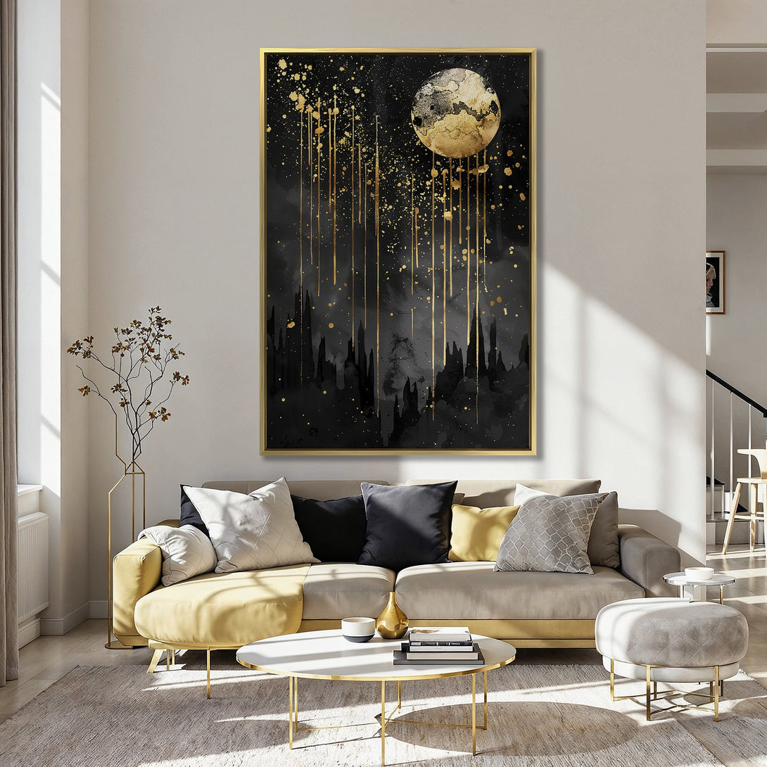 Canvas Print featuring a gold moon and abstract design on a black background. Modern art with a luxurious gold and black color palette.