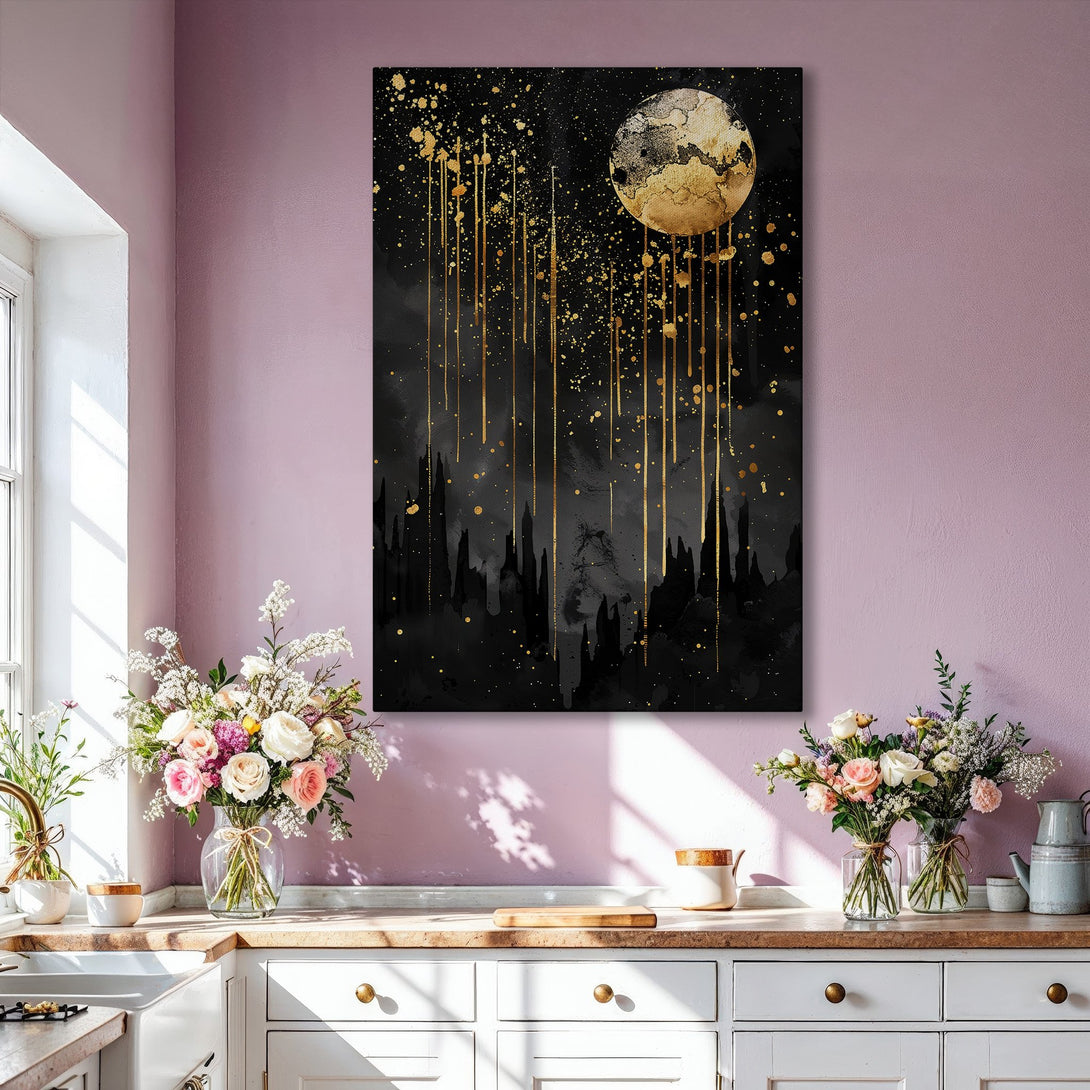 Framed Wall Art: Abstract moon & gold splatter art. Modern black & gold canvas print adds elegance to any interior. Shop now for stunning wall decor!