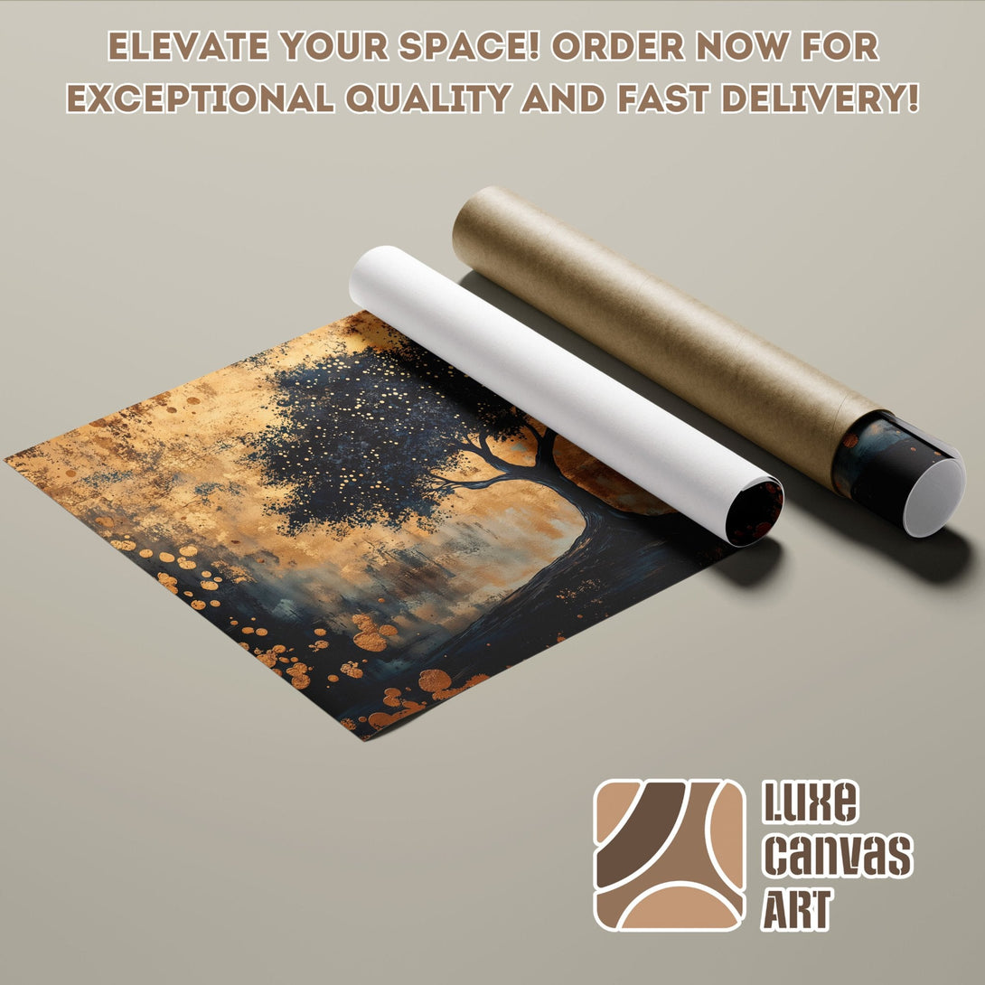 Abstract art Poster Roll with gold and navy blue tones. Elevate your space with this stunning print!