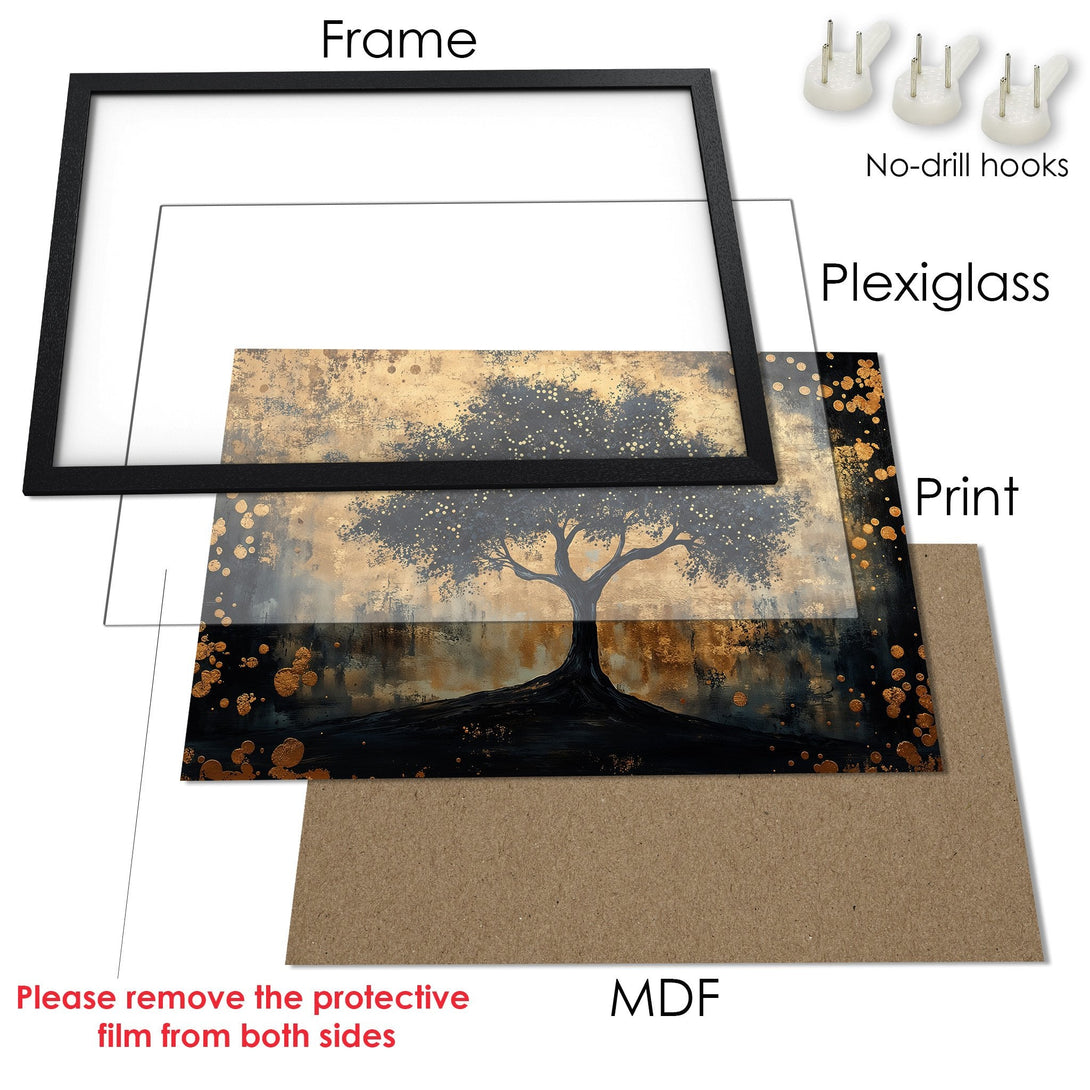 Framed Poster featuring an abstract tree art print in a gold and black color palette. Modern wall decor.