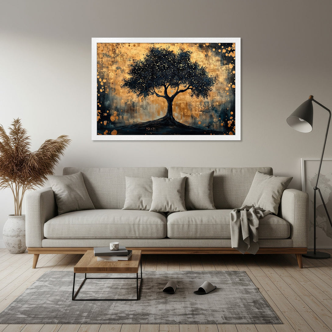 Framed Poster featuring a stylized tree with gold and navy accents. Modern abstract art with a warm, inviting color palette. Perfect wall decor.