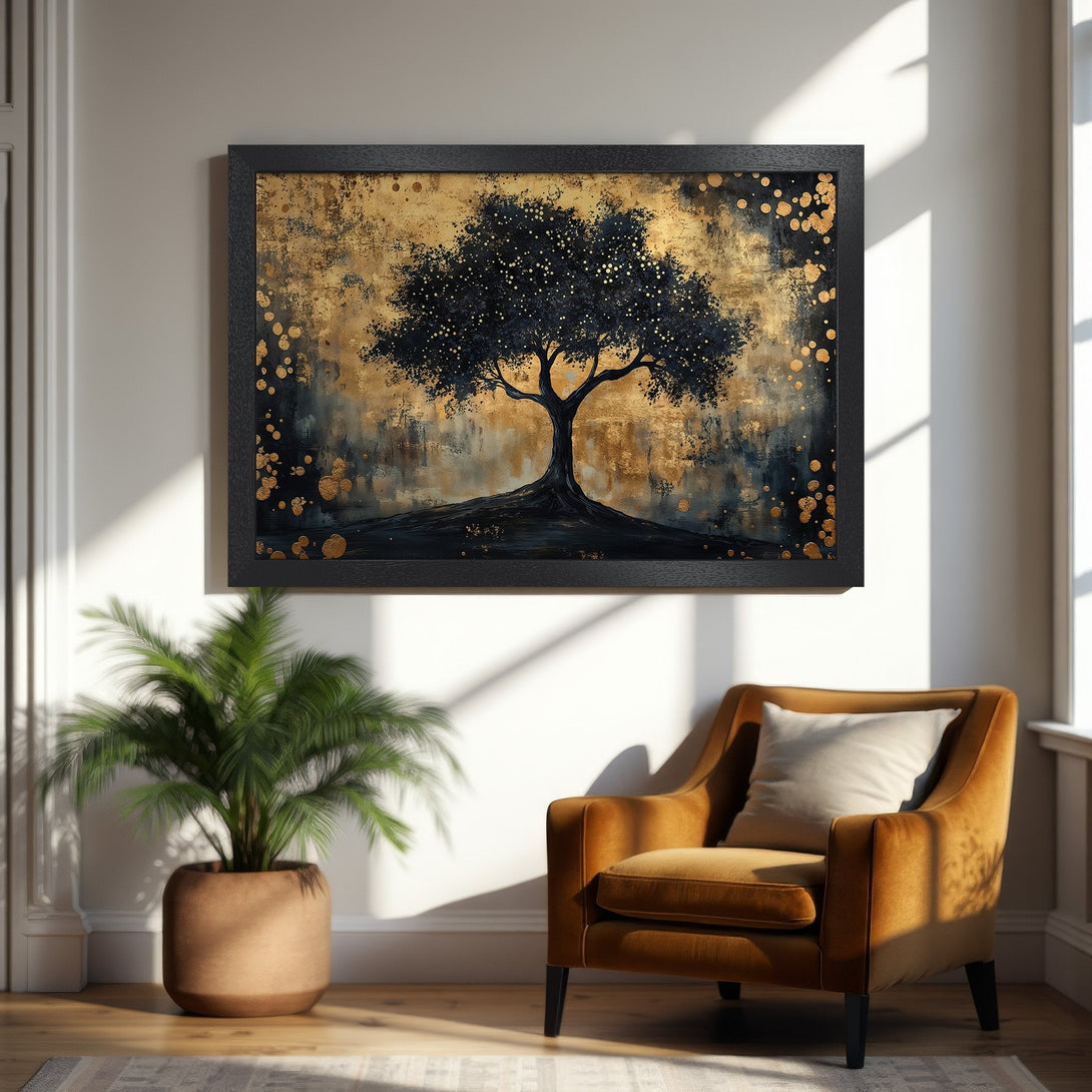 Framed Poster featuring a black tree against a gold and blue abstract background. Modern art print with a warm, inviting color palette.