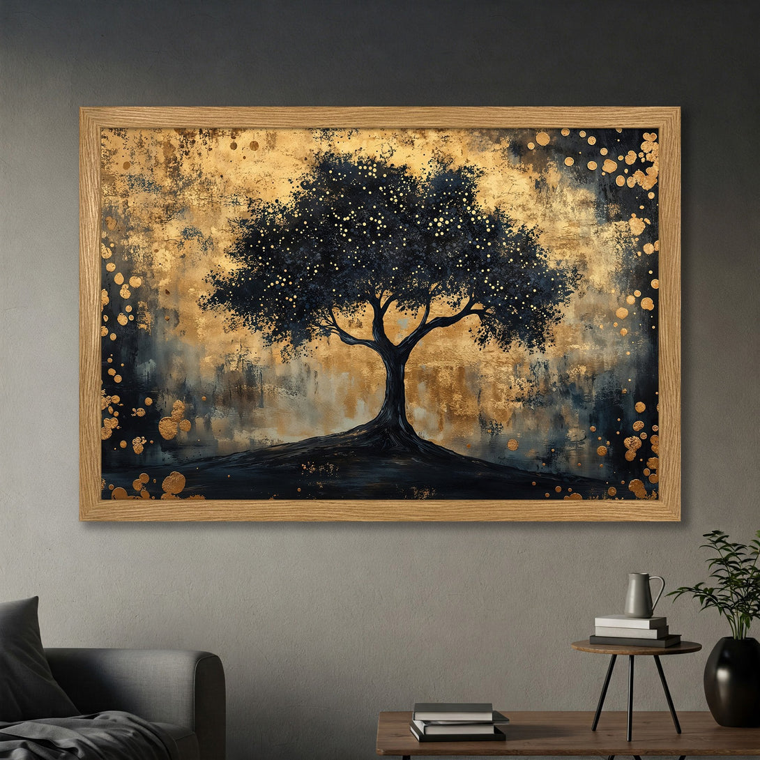 Framed Poster featuring a stylized tree with a gold and navy blue color palette. Modern art print for home decor.