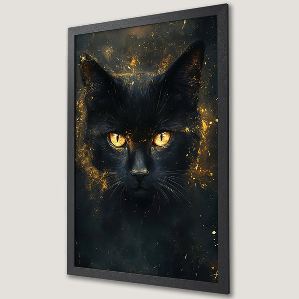 Framed Poster featuring a black cat with golden eyes, abstract style, dark and gold color palette, perfect for home decor.