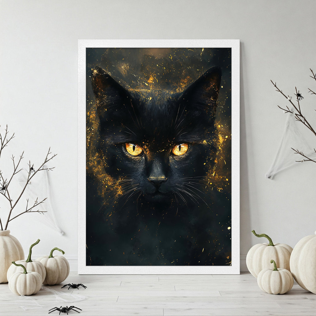Framed Poster featuring a black cat with golden eyes, in a dark, artistic style. Dramatic color palette perfect for Halloween decor.