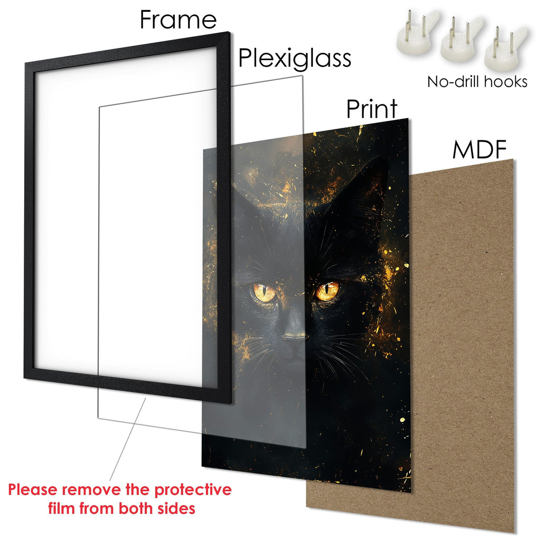 Framed Poster featuring a black cat with golden eyes. Stylish artwork in a dark, dramatic color palette. Perfect wall art for your home!