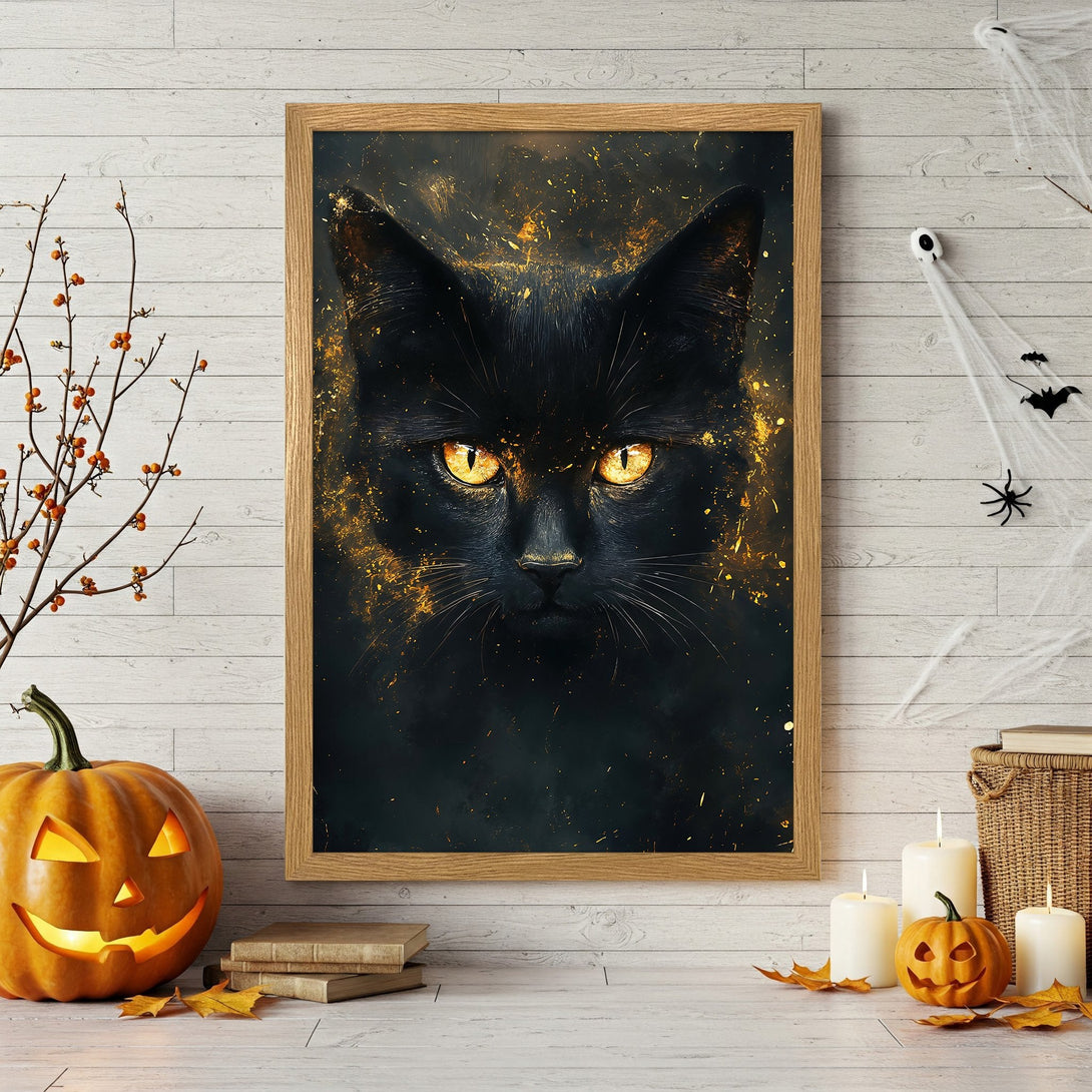 Framed Poster featuring a black cat with gold accents. Perfect Halloween decor! Dark, moody style with black, gold, and orange tones.