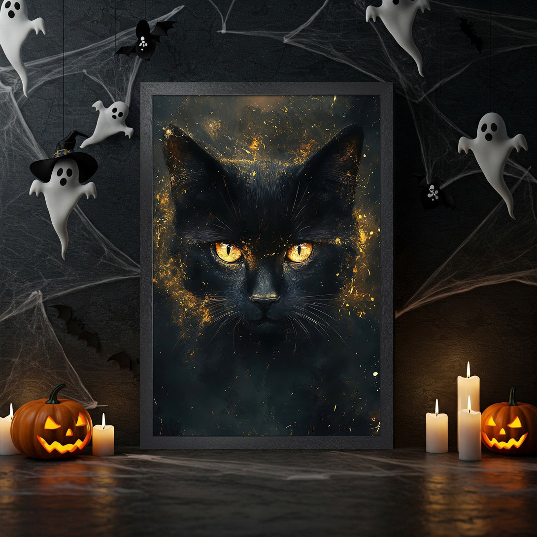 Framed Poster featuring a black cat with golden eyes, dark & gold color palette, perfect Halloween decor. Spooky art print.